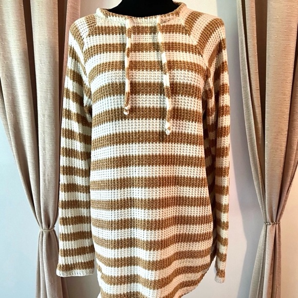 Ruby Rd. Sweaters - Ruby Rd. Vintage Tan Stripe Knit Tunic Pullover Drawstring Crewneck Sweater